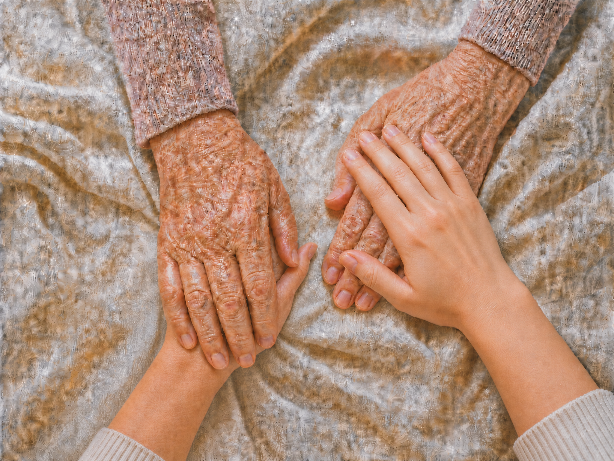 Overhead view of two pairs of hands — an elderly man's weathered hands and a younger woman's hands — gently clasped in a mutual hold on a soft cream tablecloth, one hand on top and one below on each side, conveying intergenerational care and connection
